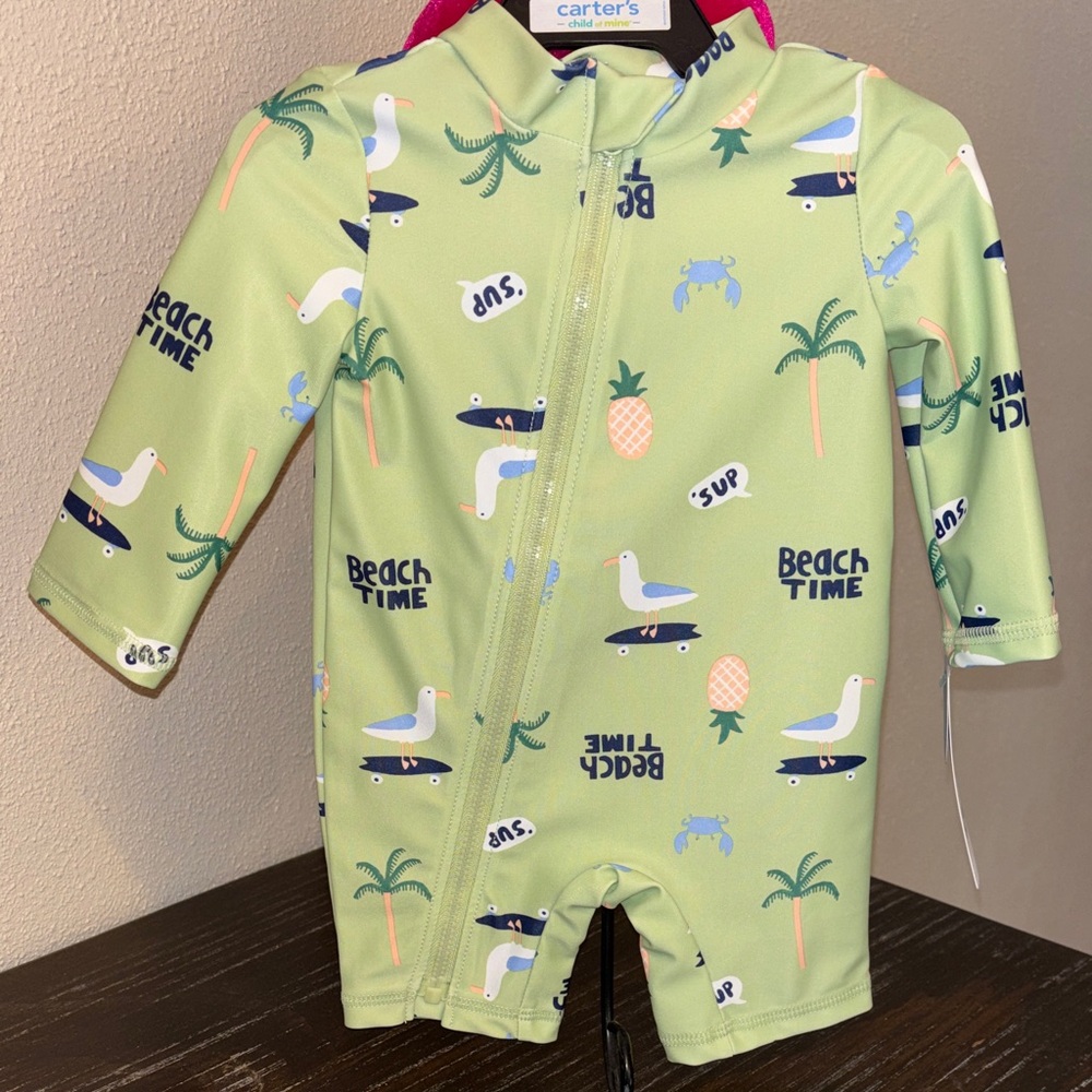 Carter's Lime Green 'Beach Time' Long-Sleeve Rashguard One-Piece